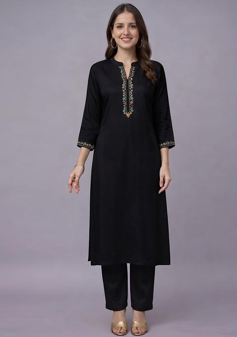 Black Embroidery Rayon Kurta Set - Indya