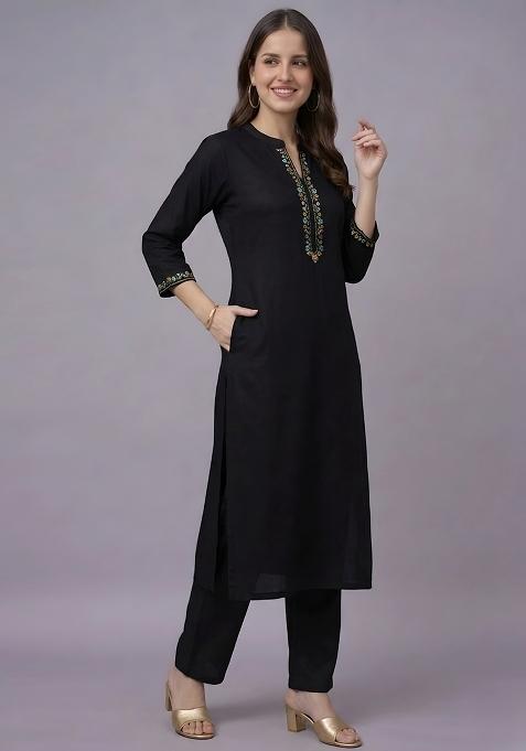 Black Embroidery Rayon Kurta Set