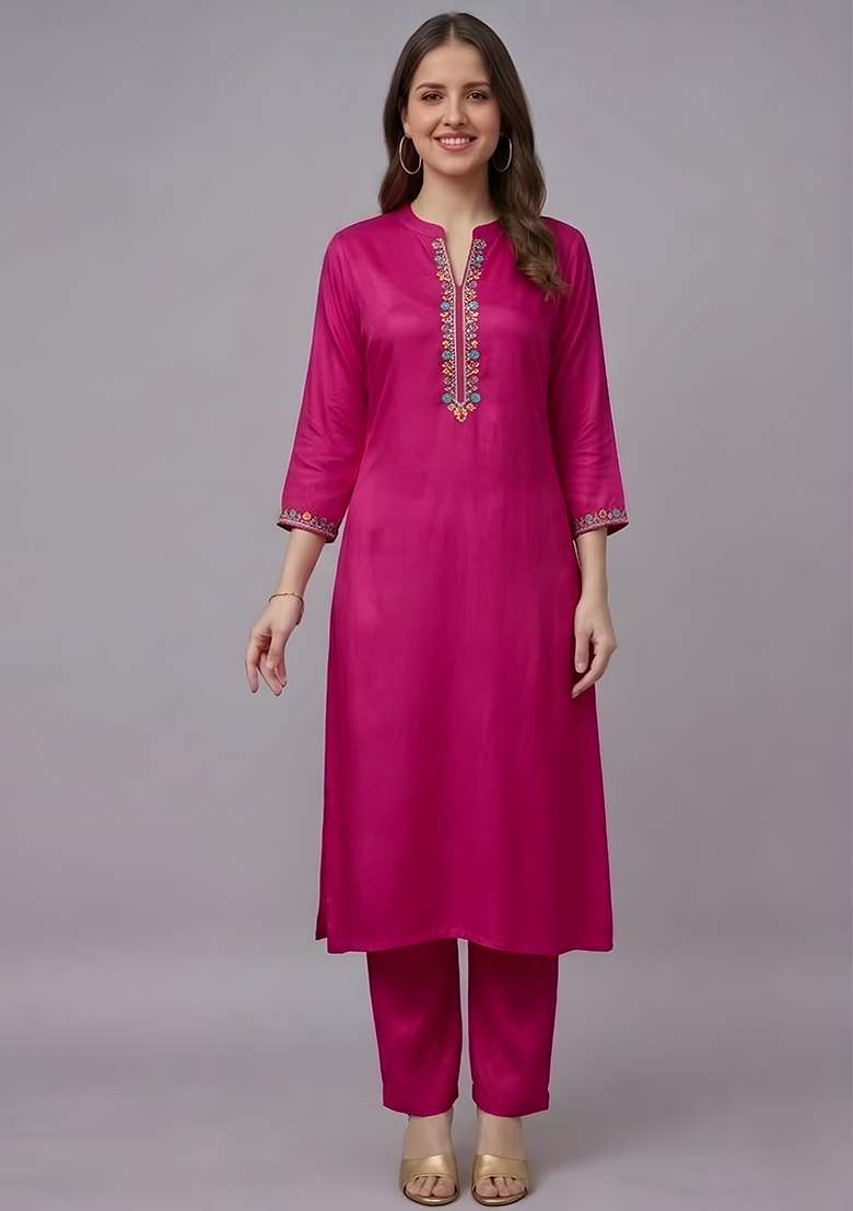 Pink Embroidery Rayon Kurta Set - Indya