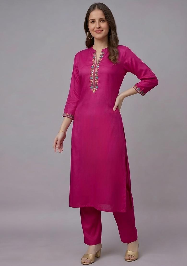 Pink Embroidery Rayon Kurta Set - Indya