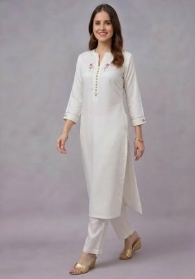 White Embroidery Rayon Kurta Set