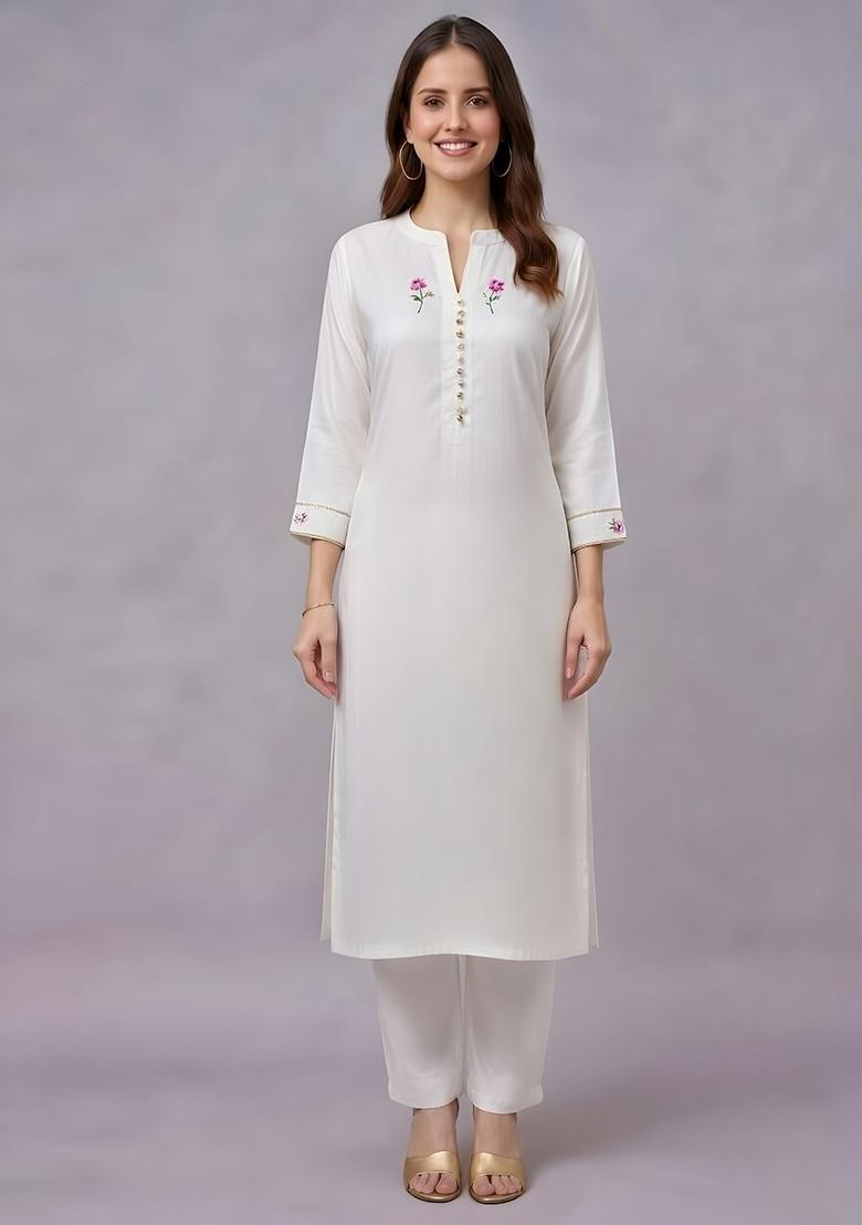 White Embroidery Rayon Kurta Set - Indya