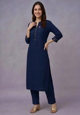 Navy Embroidery Rayon Kurta Set