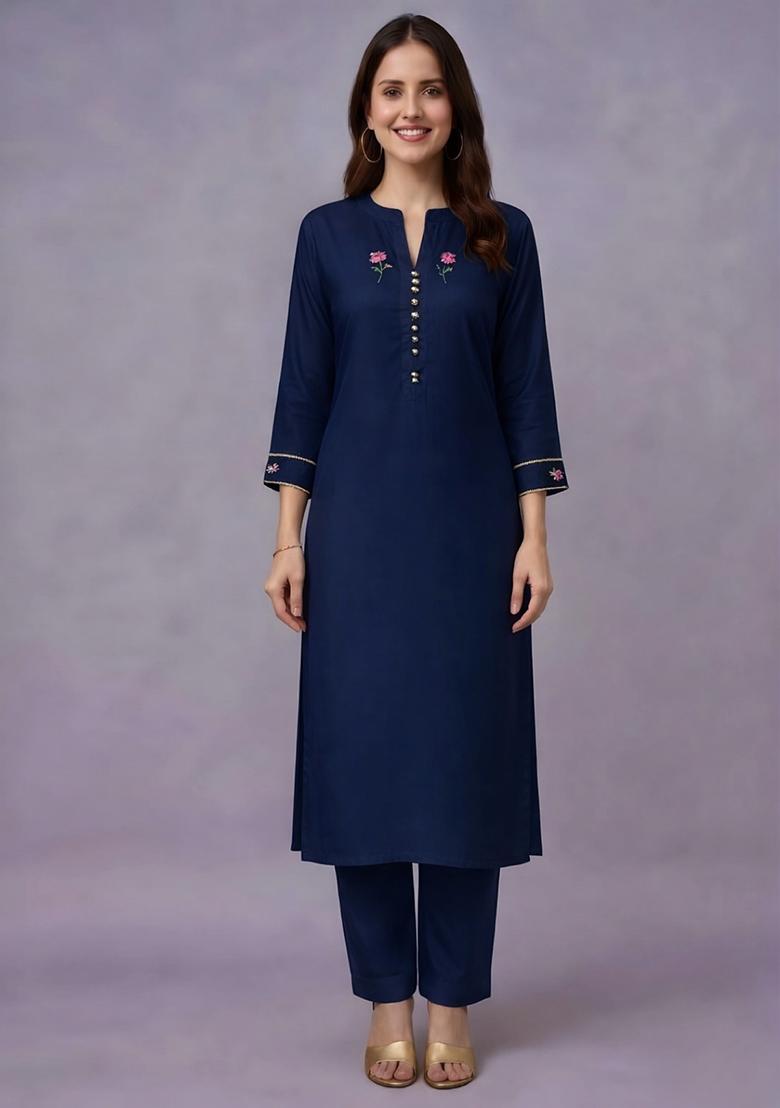 Navy Embroidery Rayon Kurta Set - Indya