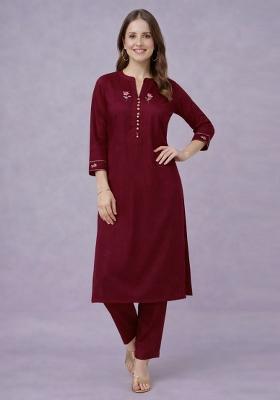 Maroon Embroidery Rayon Kurta Set