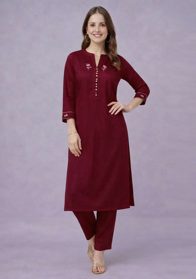 Maroon Embroidery Rayon Kurta Set - Indya