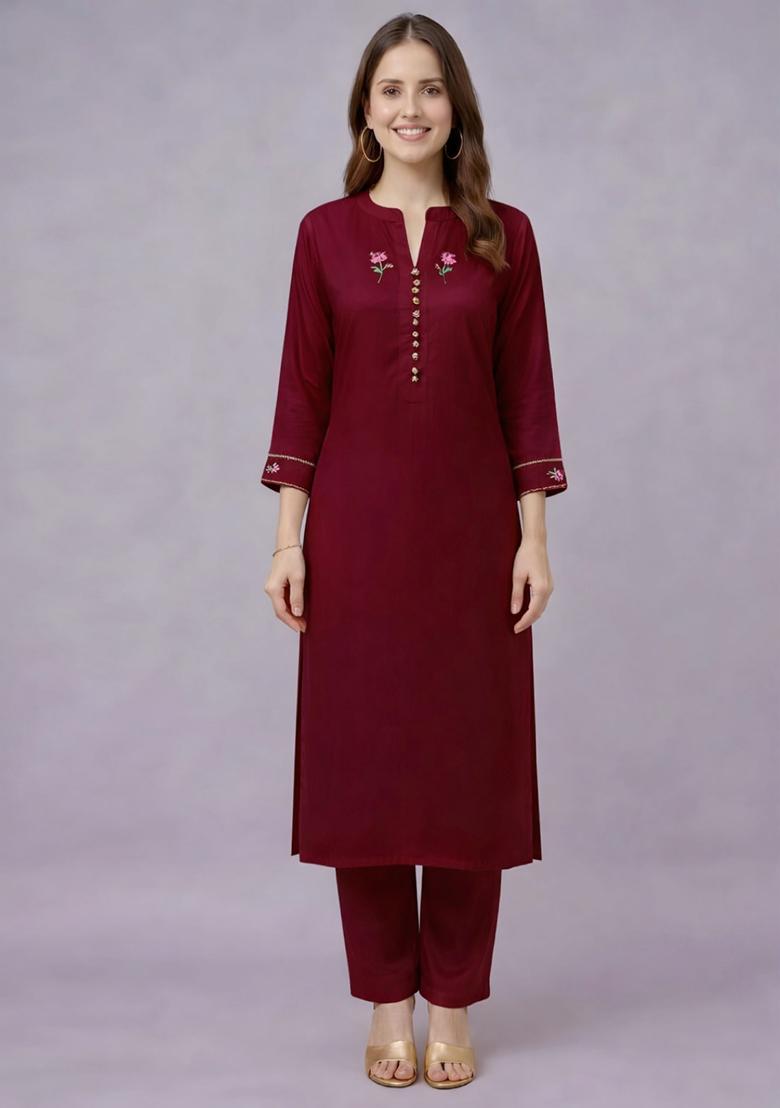 Maroon Embroidery Rayon Kurta Set - Indya
