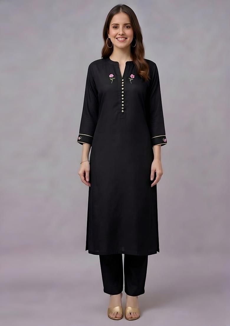 Black Embroidery Rayon Kurta Set - Indya
