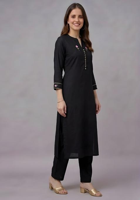 Black Embroidery Rayon Kurta Set