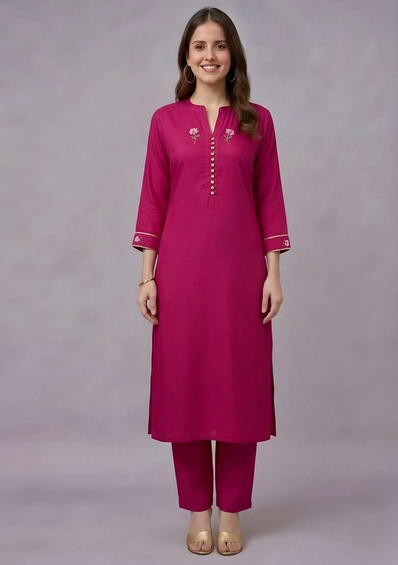 Pink Embroidery Rayon Kurta Set - Indya