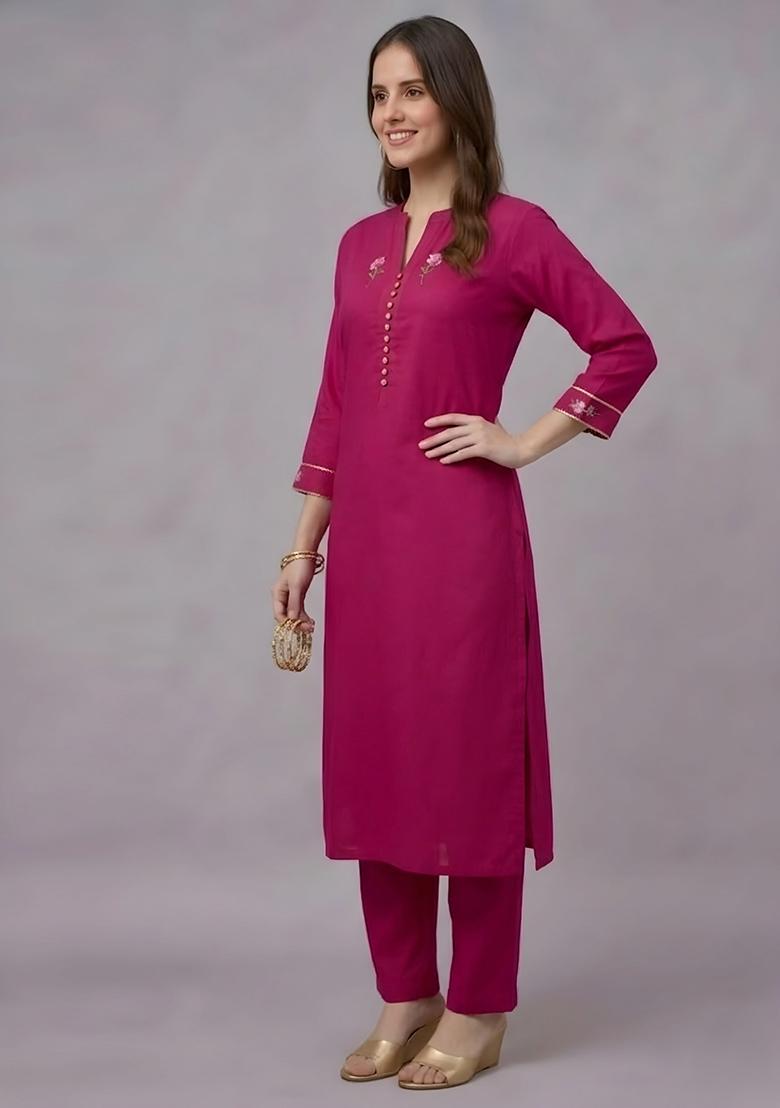 Pink Embroidery Rayon Kurta Set - Indya