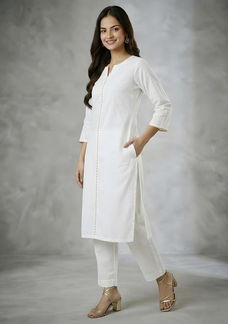 White Embroidery Rayon Kurta Set - Indya