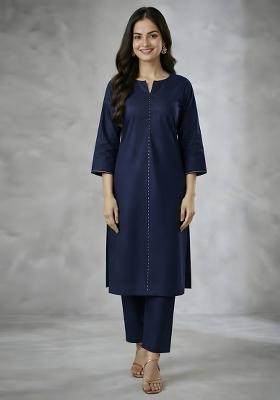 Navy Embroidery Rayon Kurta Set