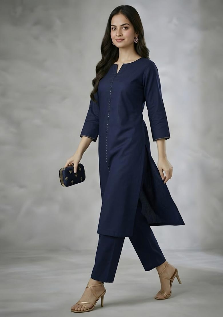 Navy Embroidery Rayon Kurta Set - Indya
