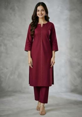 Maroon Embroidery Rayon Kurta Set