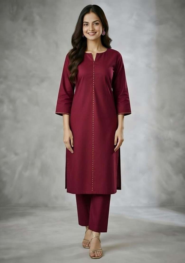 Maroon Embroidery Rayon Kurta Set - Indya