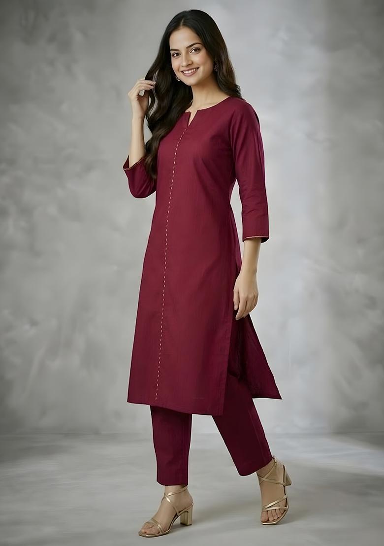 Maroon Embroidery Rayon Kurta Set - Indya