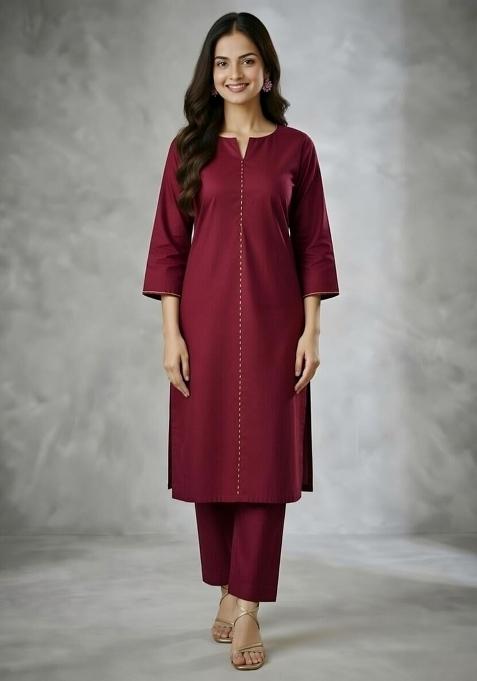 Maroon Embroidery Rayon Kurta Set