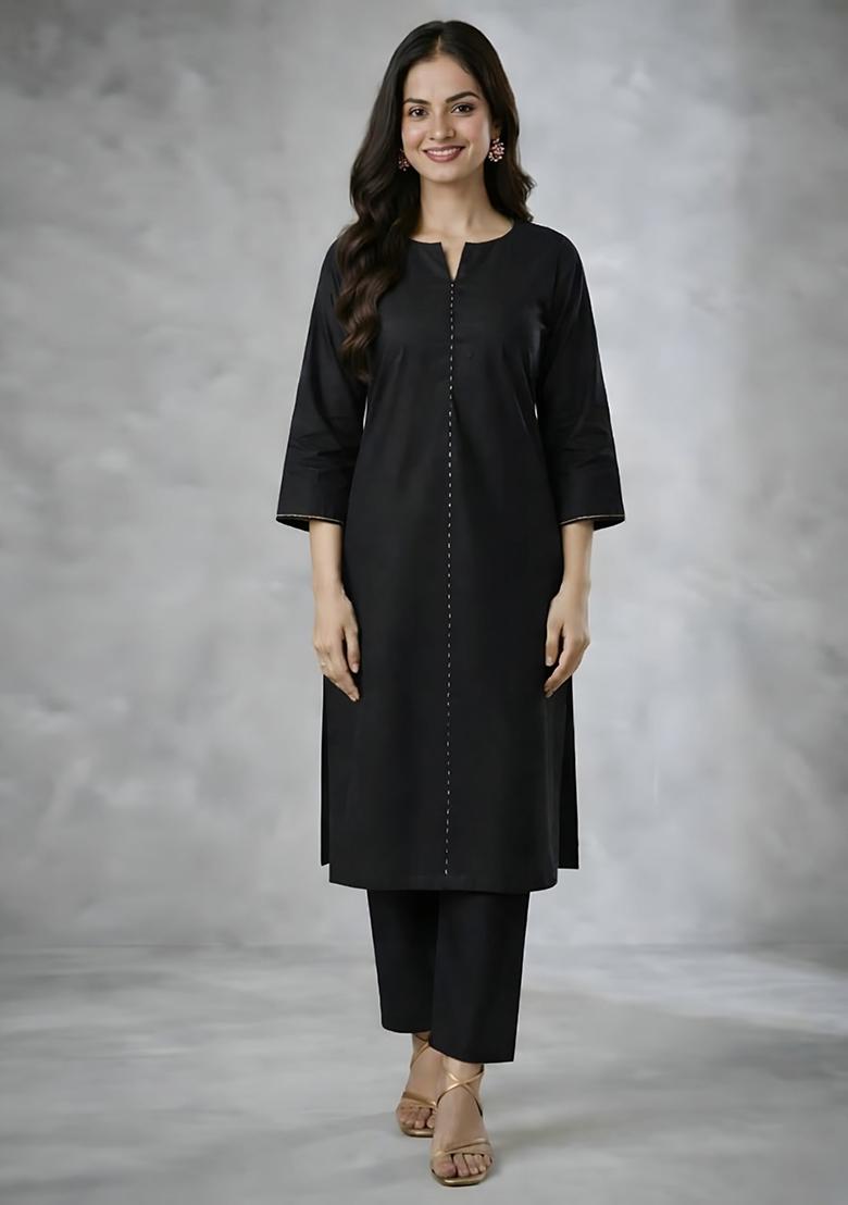Black Embroidery Rayon Kurta Set - Indya
