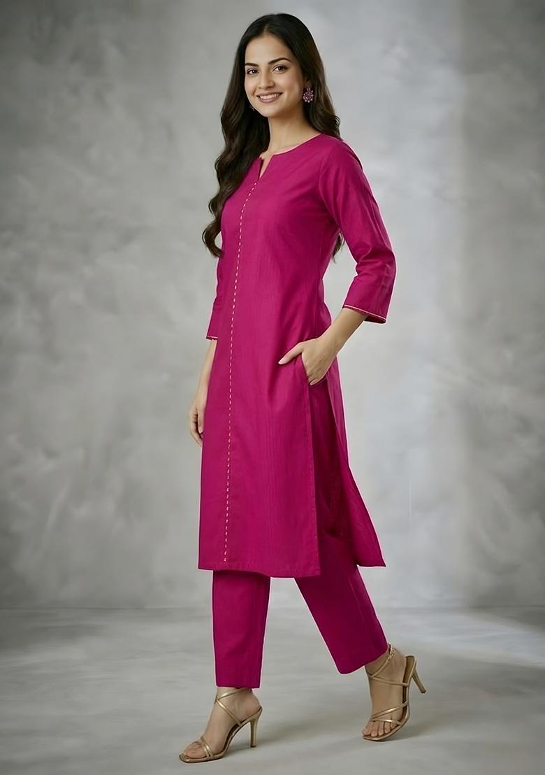 Pink Embroidery Rayon Kurta Set - Indya