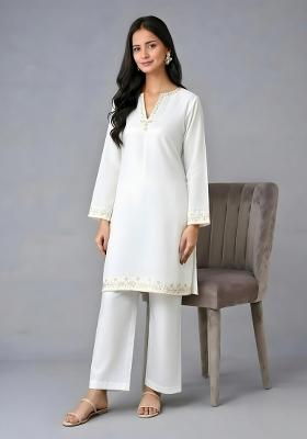 White Embroidery Rayon Kurta Set
