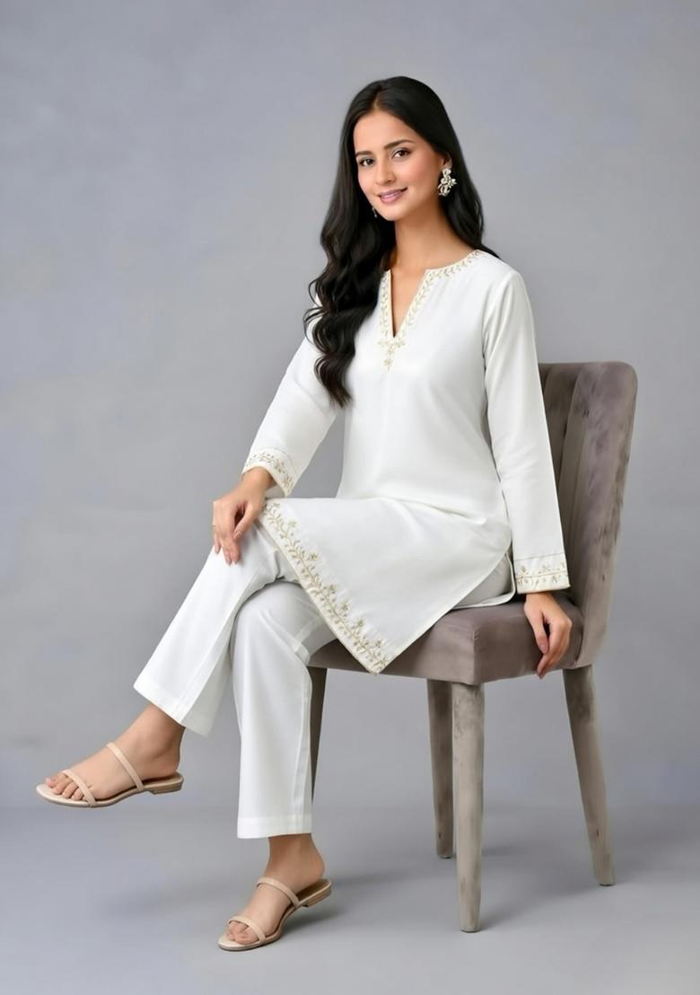 White Embroidery Rayon Kurta Set - Indya