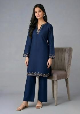 Navy Embroidery Rayon Kurta Set