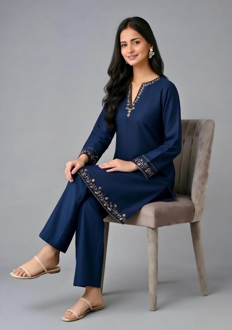 Navy Embroidery Rayon Kurta Set - Indya