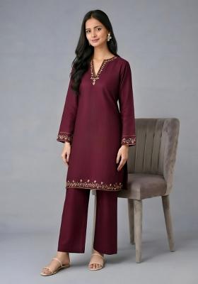 Maroon Embroidery Rayon Kurta Set