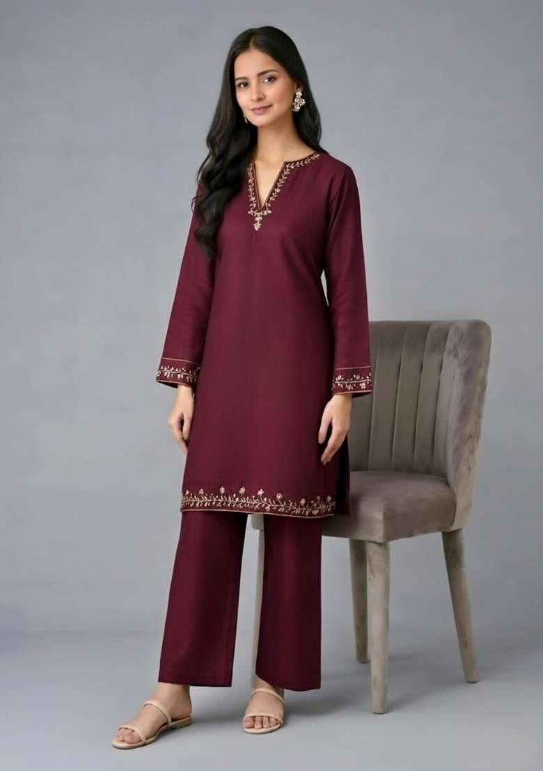 Maroon Embroidery Rayon Kurta Set - Indya