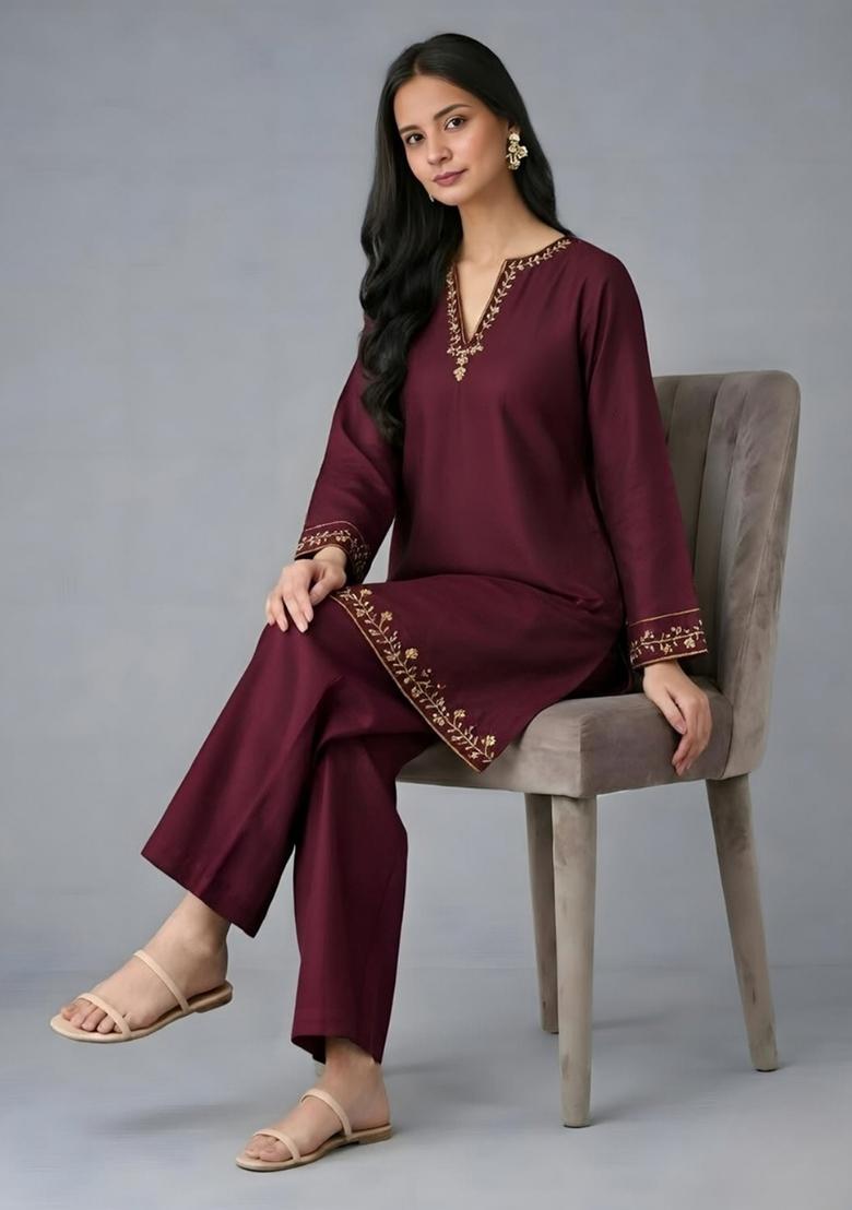 Maroon Embroidery Rayon Kurta Set - Indya