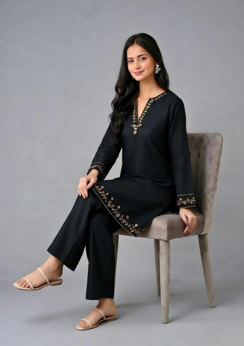 Black Embroidery Rayon Kurta Set - Indya