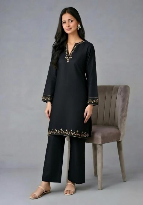 Black Embroidery Rayon Kurta Set