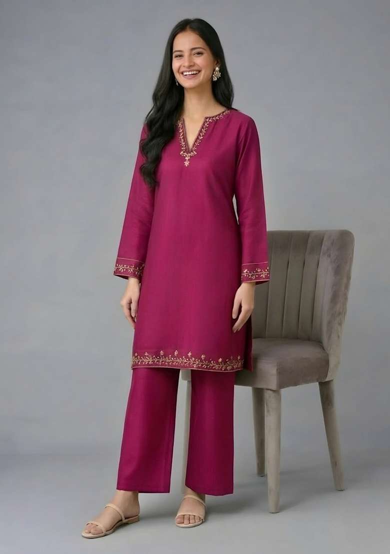 Pink Embroidery Rayon Kurta Set - Indya
