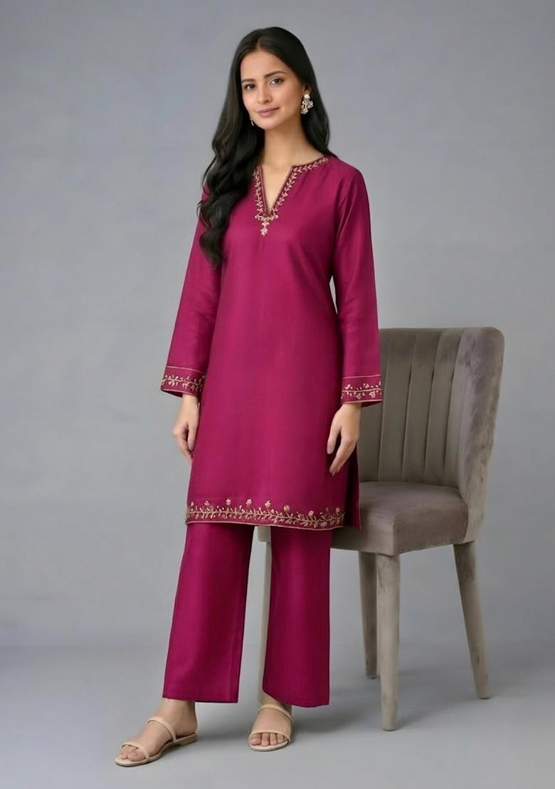 Pink Embroidery Rayon Kurta Set - Indya