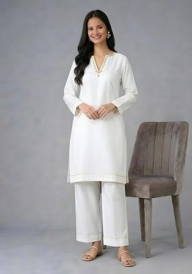 White Embroidery Rayon Kurta Set