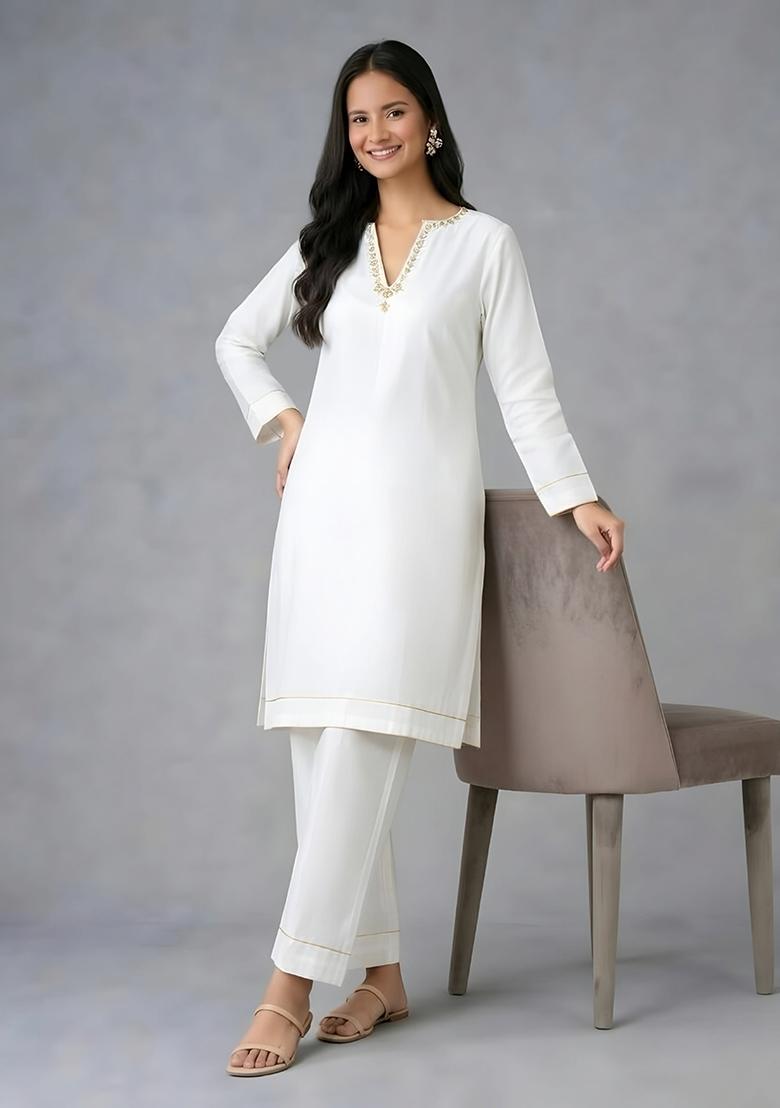 White Embroidery Rayon Kurta Set - Indya