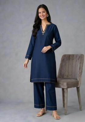 Navy Embroidery Rayon Kurta Set