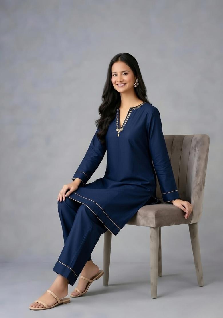 Navy Embroidery Rayon Kurta Set - Indya