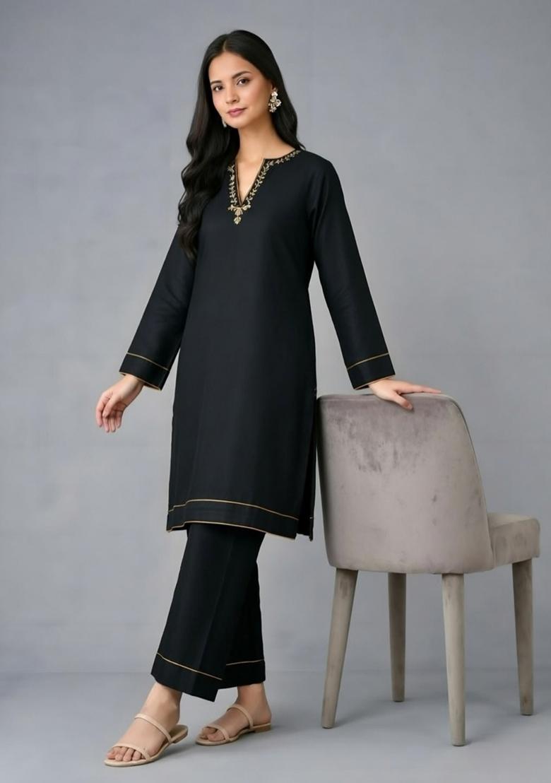 Black Embroidery Rayon Kurta Set - Indya