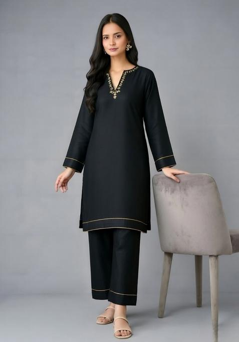 Black Embroidery Rayon Kurta Set