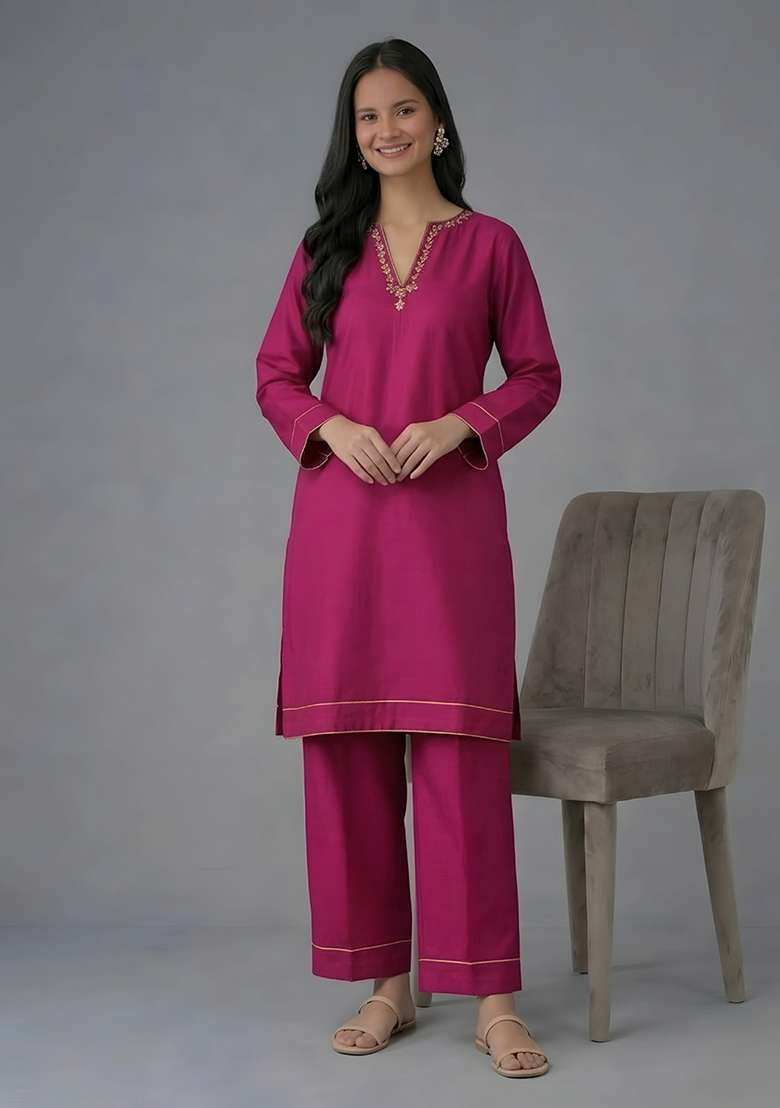Pink Embroidery Rayon Kurta Set - Indya