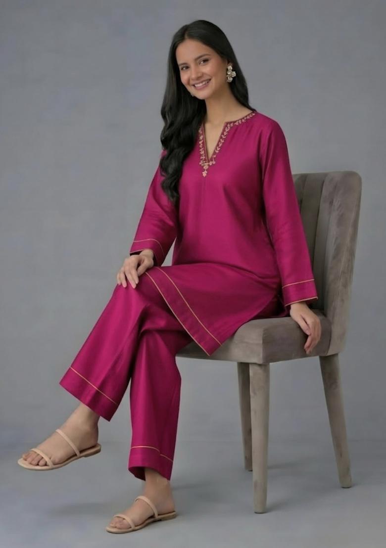 Pink Embroidery Rayon Kurta Set - Indya
