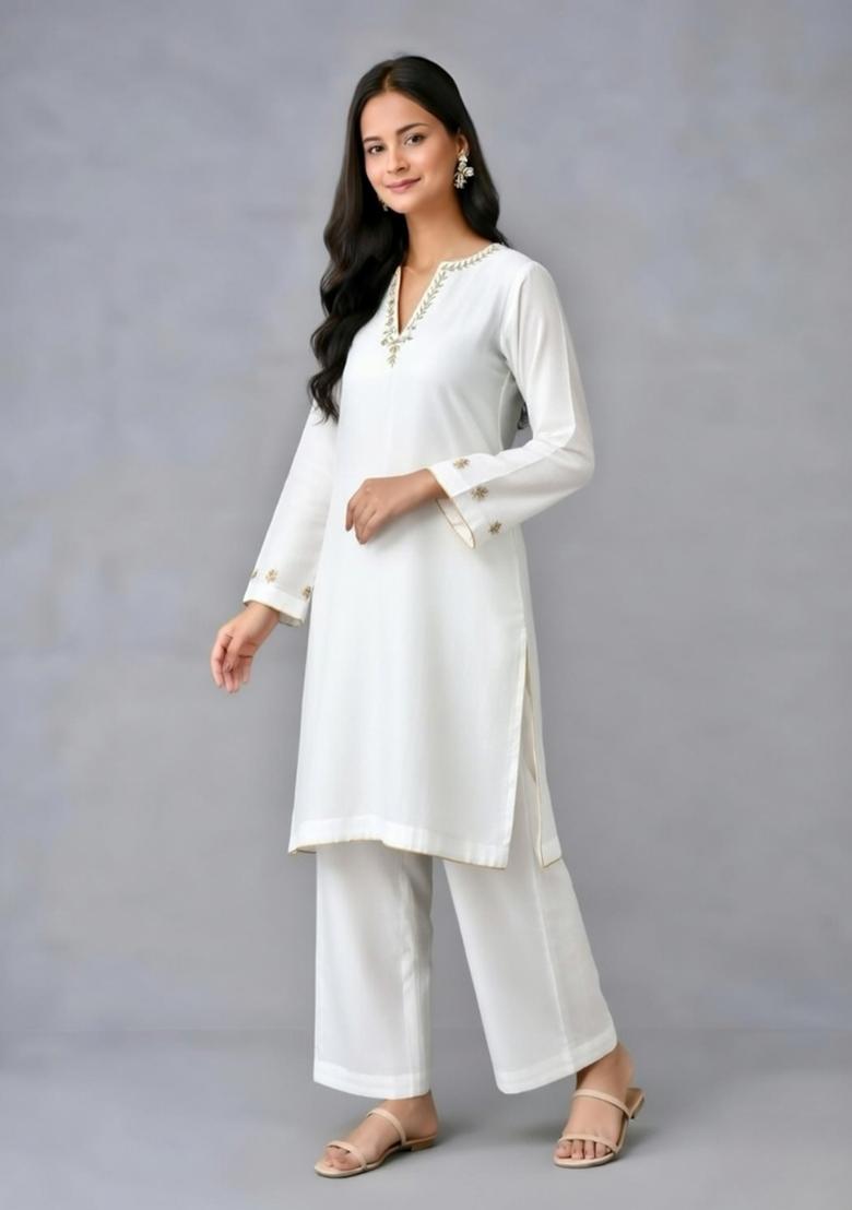 White Embroidery Rayon Kurta Set - Indya