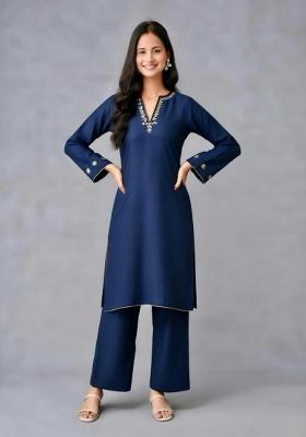 Navy Embroidery Rayon Kurta Set