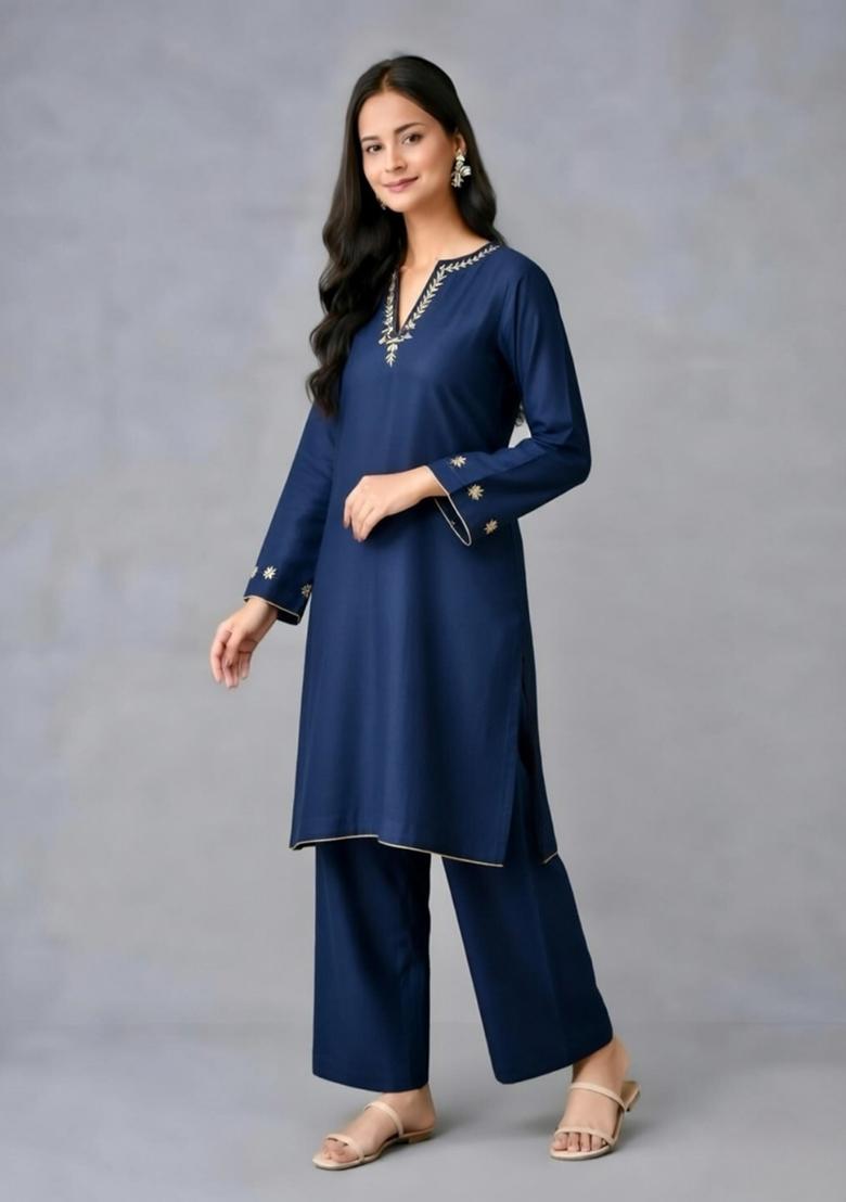 Navy Embroidery Rayon Kurta Set - Indya