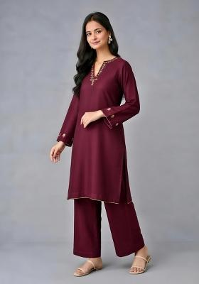 Maroon Embroidery Rayon Kurta Set