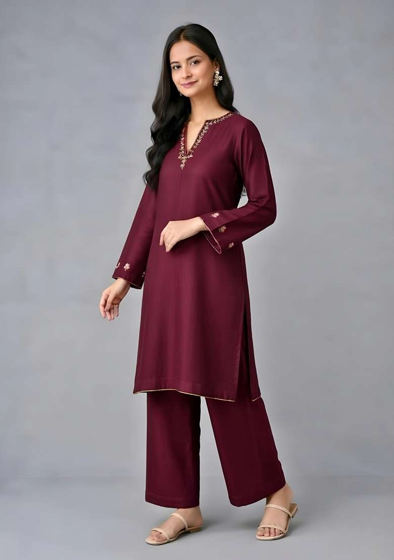 Maroon Embroidery Rayon Kurta Set - Indya