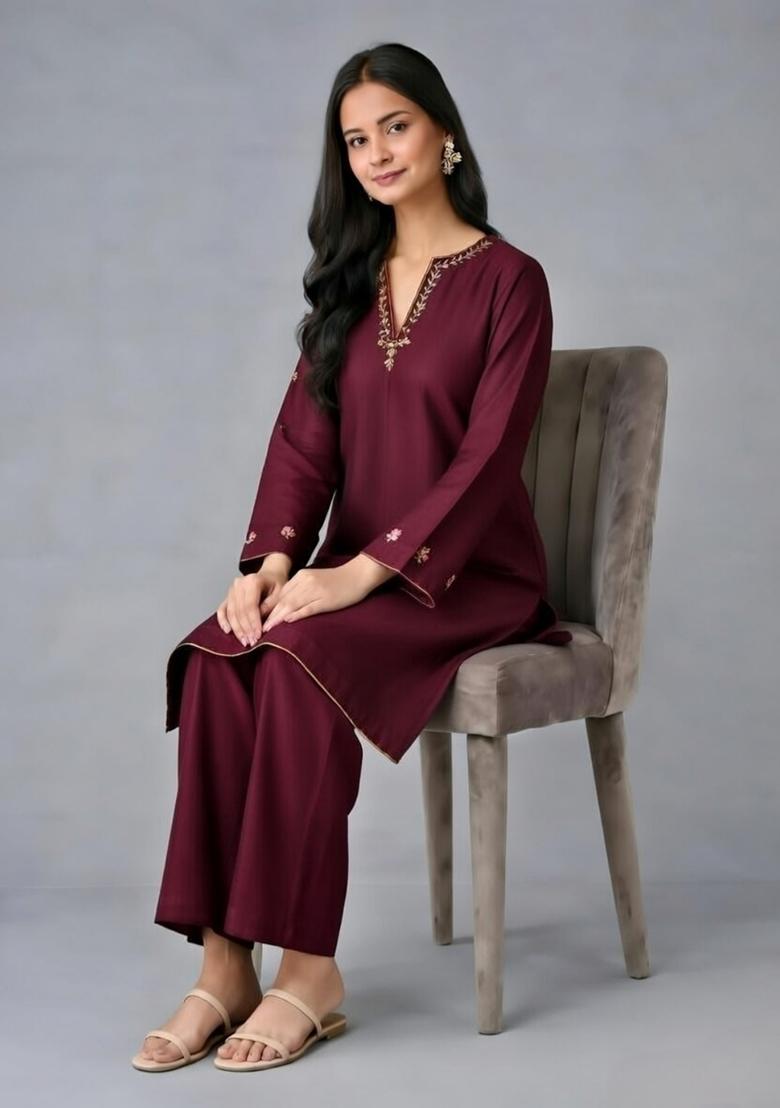 Maroon Embroidery Rayon Kurta Set - Indya