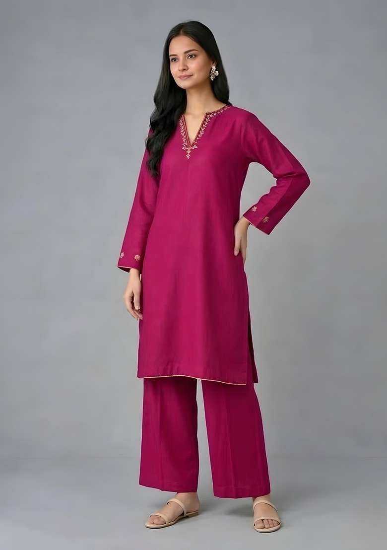 Pink Embroidery Rayon Kurta Set - Indya